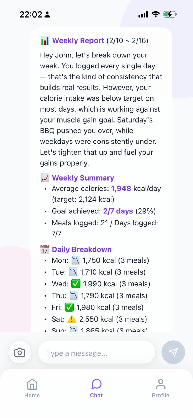 Weekly report screen